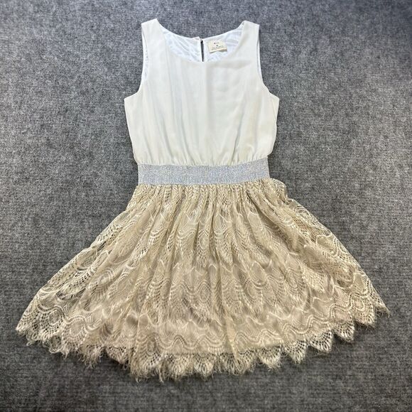 ANTHROPOLOGIE Pins and Needles Dress Women Medium Cream Sparkle Lace Stretch - Picture 2 of 14